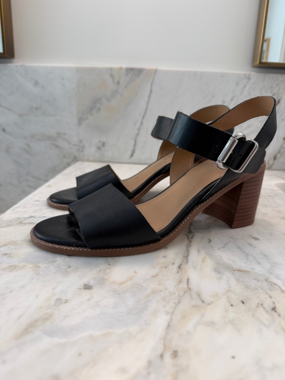 Franco Sarto Black Leather Block Heel Sandals - Women